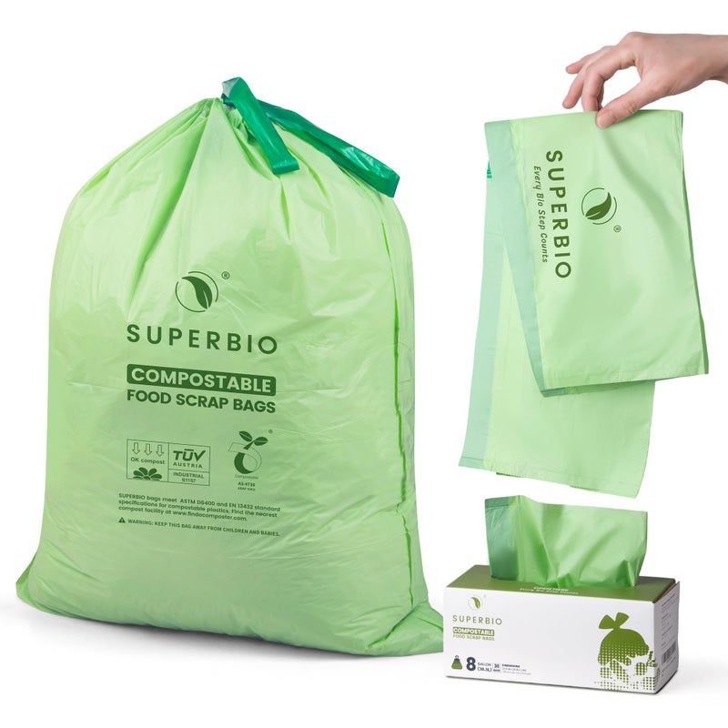 SUPERBIO 8 Gallon Compostable Drawstring Kitchen Waste Bags,30.3 Liter, 30 Count, 1 Mil,Heavy Duty Food Waste Bags, BPI, Seedling and OK compost INDUSTRIAL - Image 1