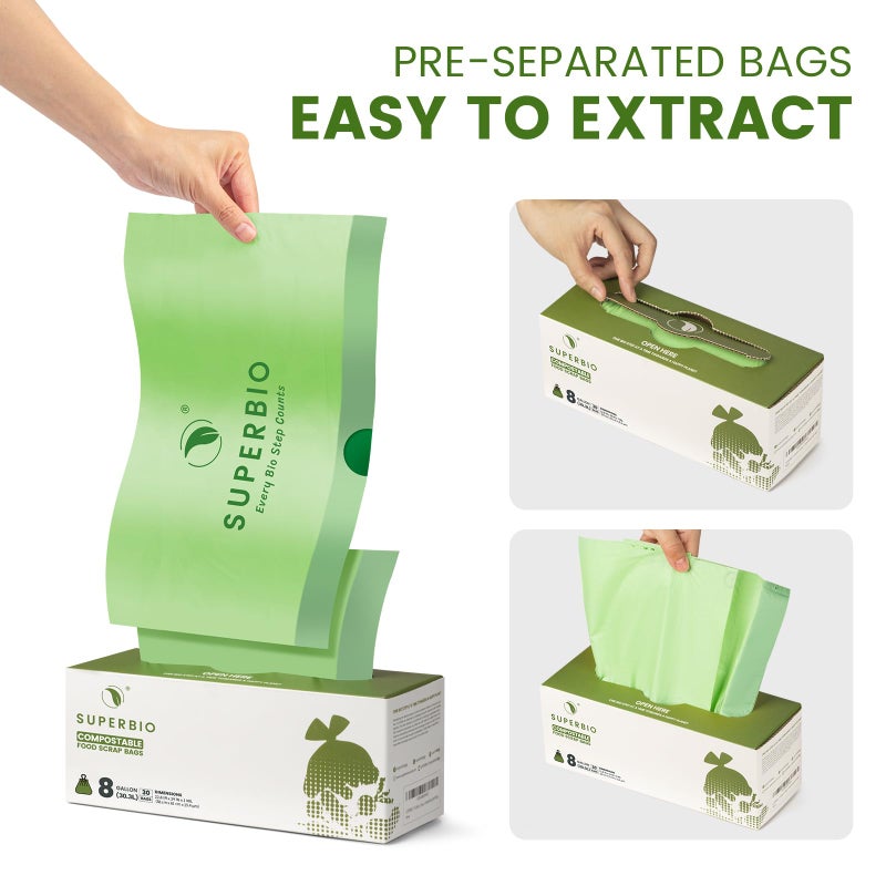 SUPERBIO 8 Gallon Compostable Drawstring Kitchen Waste Bags,30.3 Liter, 30 Count, 1 Mil,Heavy Duty Food Waste Bags, BPI, Seedling and OK compost INDUSTRIAL - Image 3
