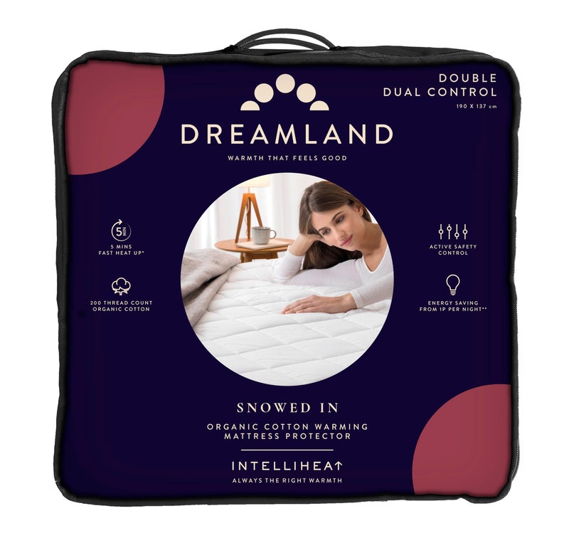 Dreamland Electric Mattress Protector Double Size  Snowed In Organic Cotton Fitted Sheet style Fast HeatUp Timer with 6 Heat Settings 2 x Detachable Controller Machine Washable 190 x 137cm