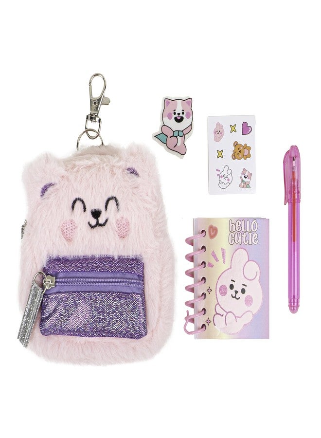 VOTUM Pink Bear Keychain Charm for Backpacks, Purses, Handbags, Car Keys with Stationery Set - Includes Mini Notebook, Gel Pen, Eraser, Stickers - Portable & Fun Gift for Tweens & Adults Ages 8+