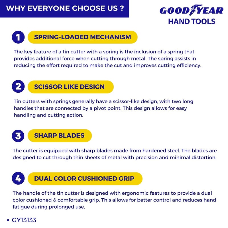 Goodyear Chrome Vanadium 8inch Tin Cutter with Spring Silver GY13133 - Image 5