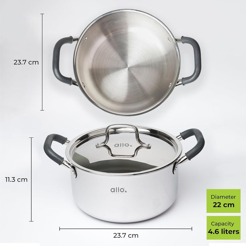Allo طاجن سوتيه من الومنيوم ثلاثي الطبقات من ألو كوك سيف، وعاء طهي من الفولاذ المقاوم للصدأ مع غطاء من الفولاذ المقاوم للصدأ، مناسب للطهي بالحث، غير لاصق بطبيعته، 22 سم، 46 لتر - Image 2