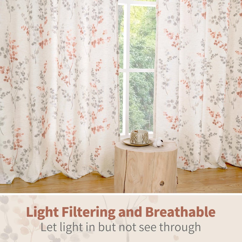 BGment Linen Curtains for Living Room 90 Inch Length 2 Panels  Floral Leaf Patterns  Light Filtering Window Privacy Boho Curtains for Farmhouse Dining Room  Each 52 Inch Wide  Terracotta - Image 5