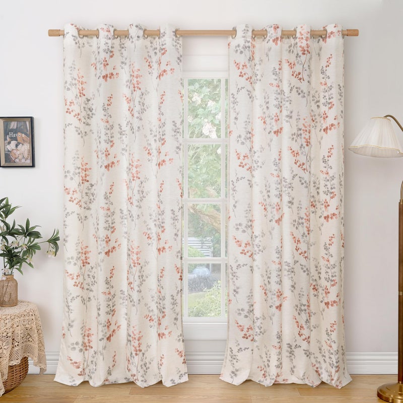 BGment Linen Curtains for Living Room 90 Inch Length 2 Panels  Floral Leaf Patterns  Light Filtering Window Privacy Boho Curtains for Farmhouse Dining Room  Each 52 Inch Wide  Terracotta - Image 1