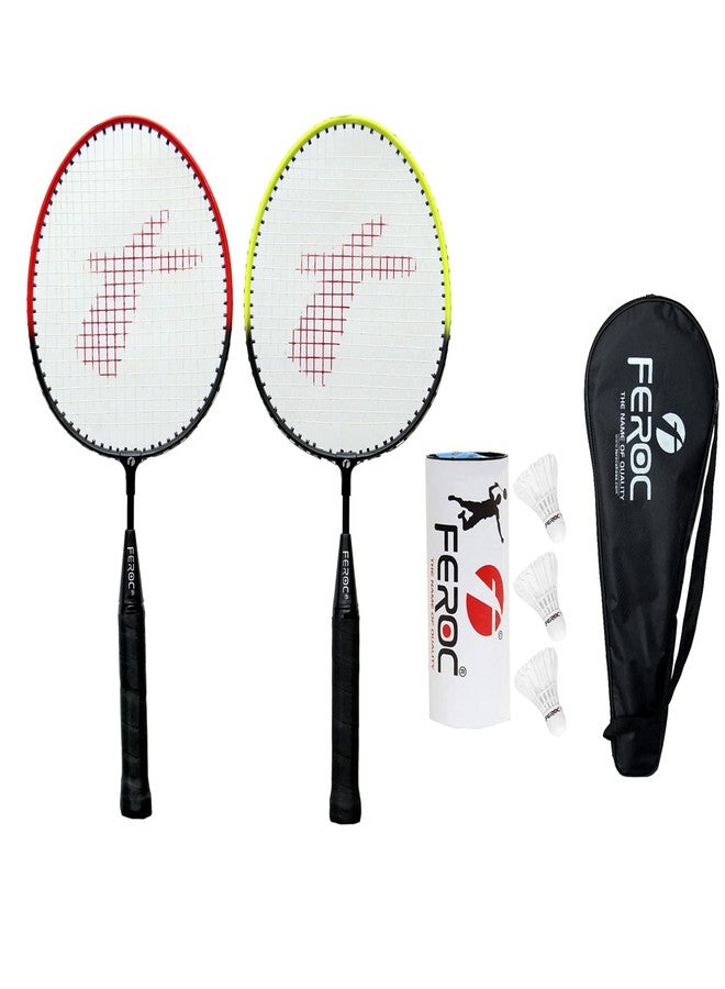Feroc Kids Badminton Racquet Aluminum Set of 2 with 3 Pieces Feather shuttles with Full Cover, Multicolour - Image 1