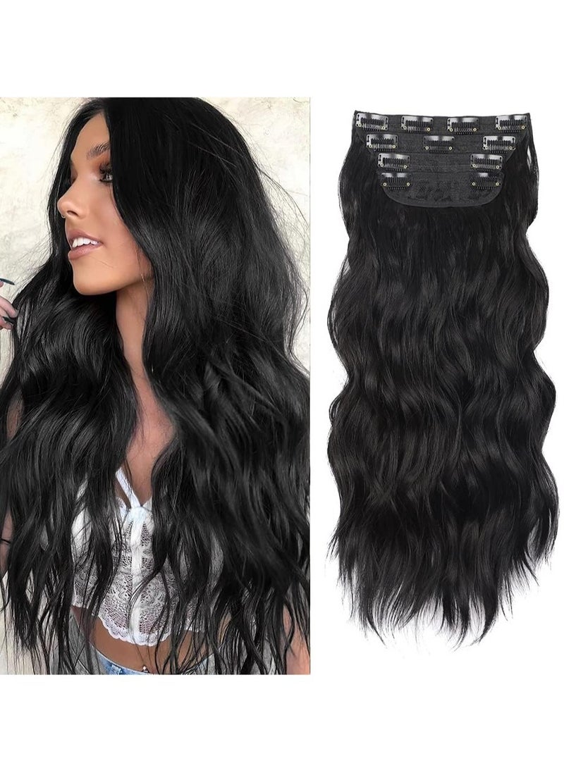 4Pcs Clip in Wavy Hair Extensions, Invisible Adjustable Long Synthetic Heat Resistant Hairpieces for Women Girls, Natural Black, 55cm (21.65 inch) - Image 1