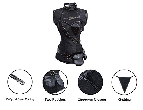 Charmian Women's Retro Goth Spiral Steel Boned Brocade Steampunk Bustiers Corset with Jacket and Belt Black X-Large - Image 4