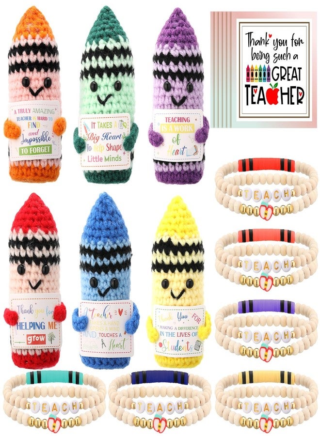 Juinte 6 Set Teacher Valentine's Gifts Appreciation Gifts Crayon Crochet Dolls with Thank You Teacher Bracelet Presents for Graduation End of Year from Students - Image 1