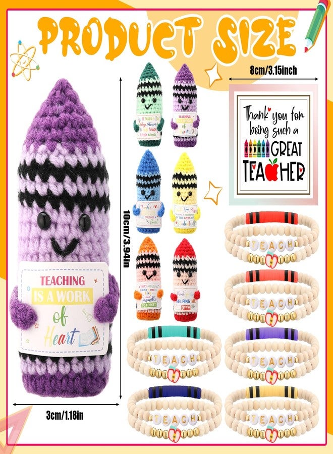 Juinte 6 Set Teacher Valentine's Gifts Appreciation Gifts Crayon Crochet Dolls with Thank You Teacher Bracelet Presents for Graduation End of Year from Students - Image 3