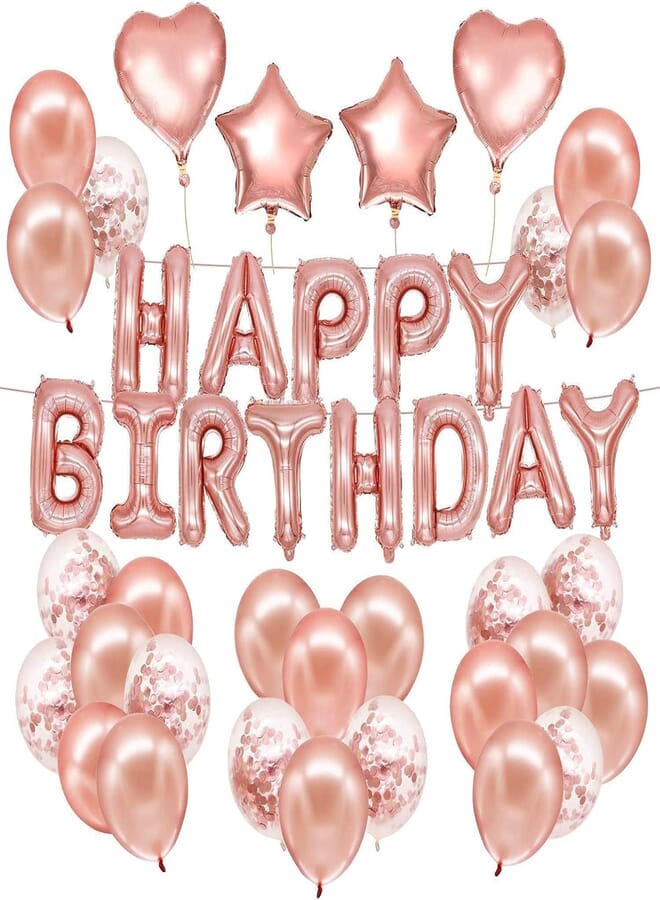 Secret 70pcs Rose Gold Birthday Party Decorations, Happy Birthday Banner 10pcs Confetti Balloon 40pcs Latex Balloon with Foil Balloon and 3 Rolls Balloon Ribbon