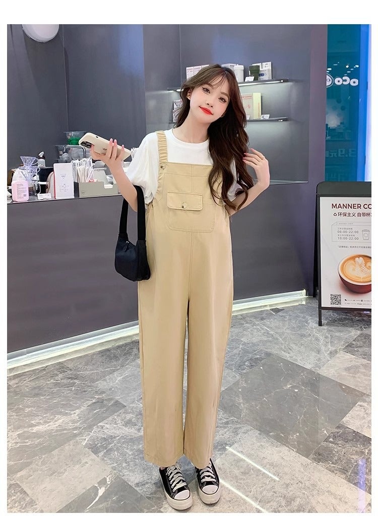 Qi Ta Maternity Overalls Summer Thin Set Loose Fit Plus Size Cotton Suspender Pants High Waist - Image 1