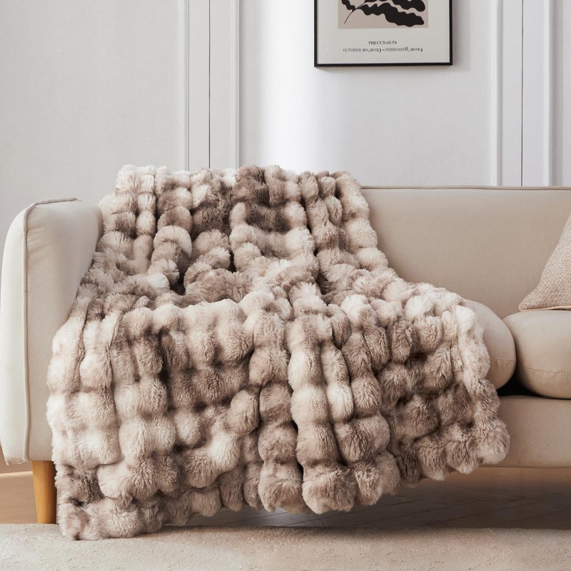 COOVA Faux Fur Throw Blanket for Couch Cozy Soft and Fuzzy Plush Rabbit Fur Bubble Blanket for Sofa Bedroom Living Room 60x80 Inches Tie Dye Brown