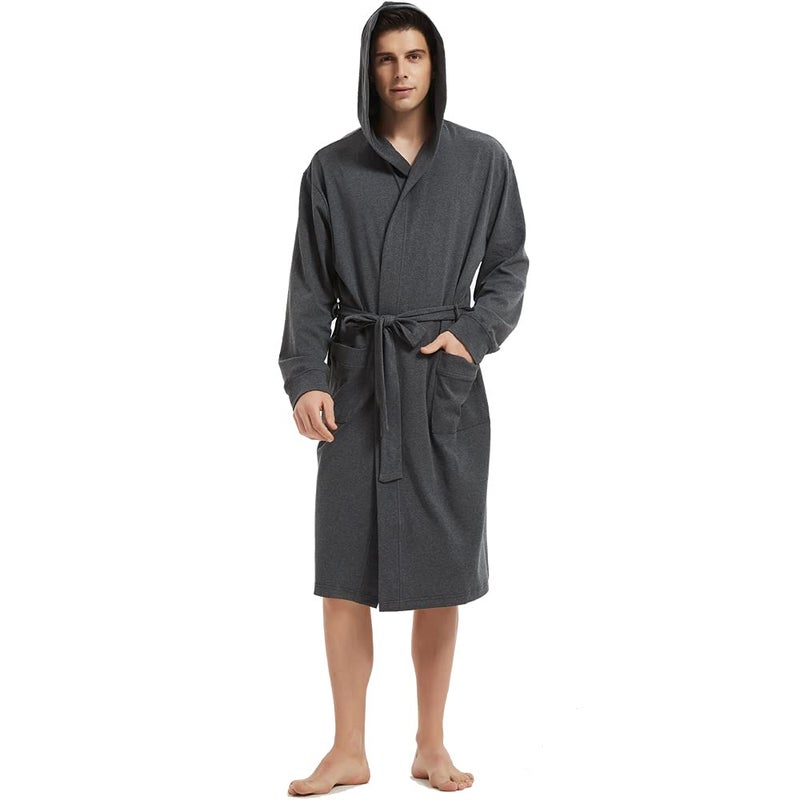 HOLOVE Mens Heavyweight Cotton Hooded Robes Plussize Jersey Soft Bathrobe with HoodDark Grey 2XL3XL