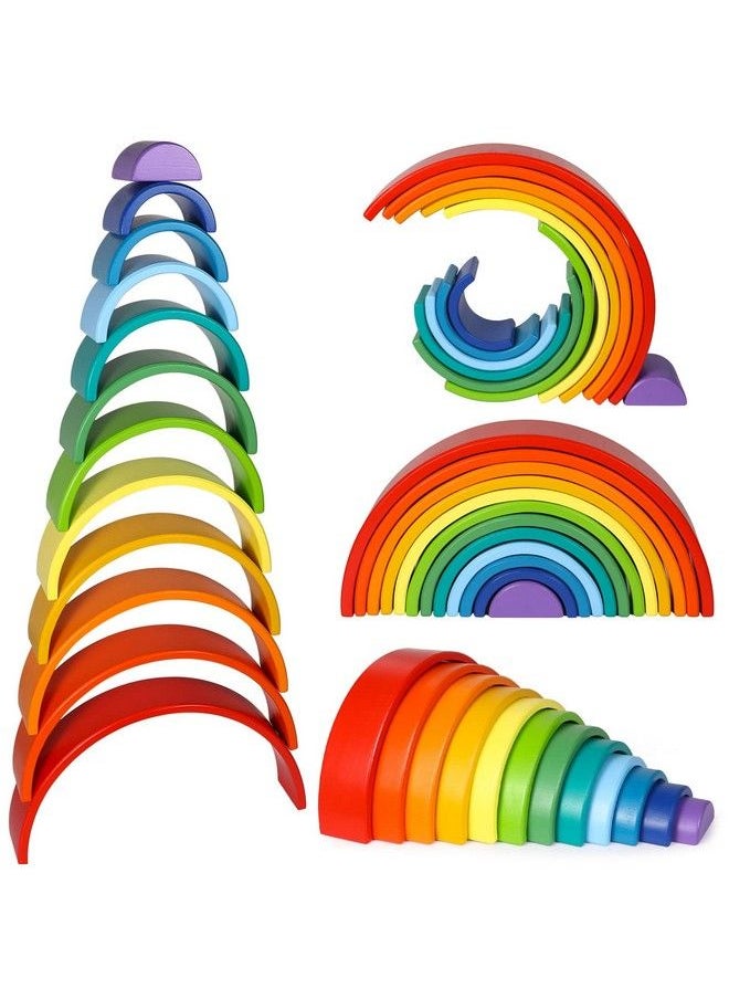 Lewo - 12 Pcs Wooden Rainbow Stacker Extra Large Stacking Game Nesting Puzzle Building Blocks Educational Toys For Kids Baby Toddlers - Image 1