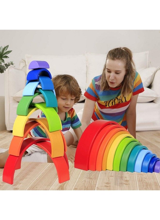 Lewo - 12 Pcs Wooden Rainbow Stacker Extra Large Stacking Game Nesting Puzzle Building Blocks Educational Toys For Kids Baby Toddlers - Image 1