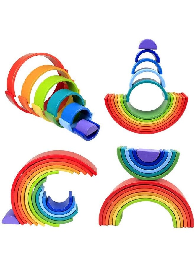 Lewo - 12 Pcs Wooden Rainbow Stacker Extra Large Stacking Game Nesting Puzzle Building Blocks Educational Toys For Kids Baby Toddlers - Image 1