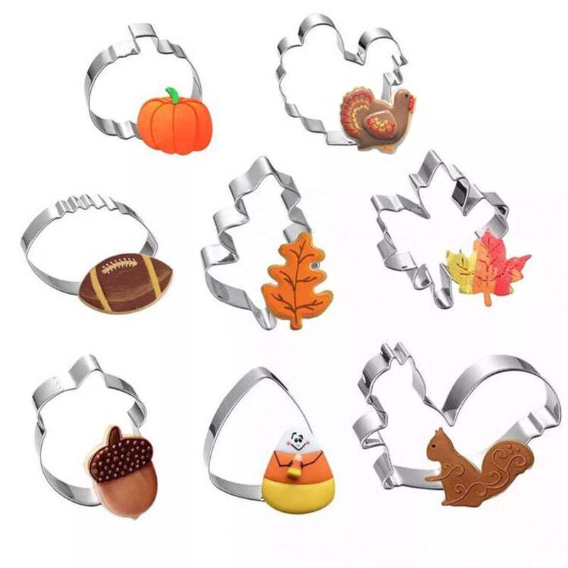 Maykito Fall Thanksgiving Cookie Cutters Set - 8 Pieces - Pumpkin  Football Turkey  Maple Leaf  Oak Leaf Squirrel Candy Corn and Acorn- Stainless Steel - Image 1