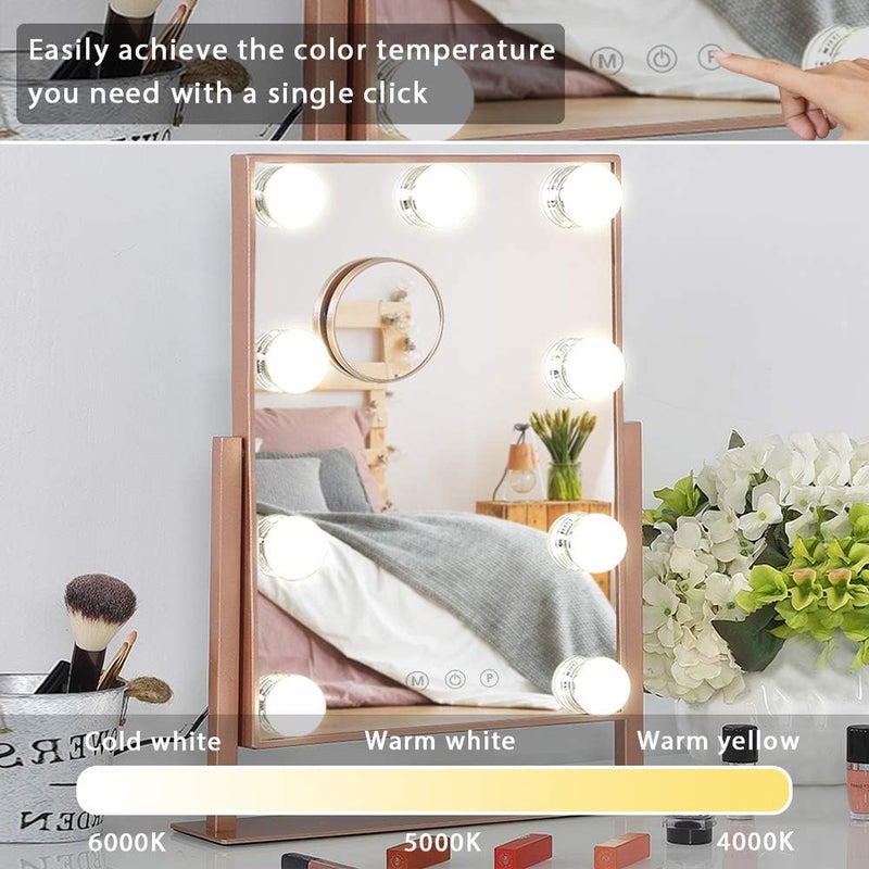 FENCHILIN Hollywood Mirror with Light Lighted Makeup Mirror Vanity Makeup Mirror Smart Touch Control 3 Colors Dimable Light Detachable 10X Magnification 360°Rotation (Rose Gold) - Image 5