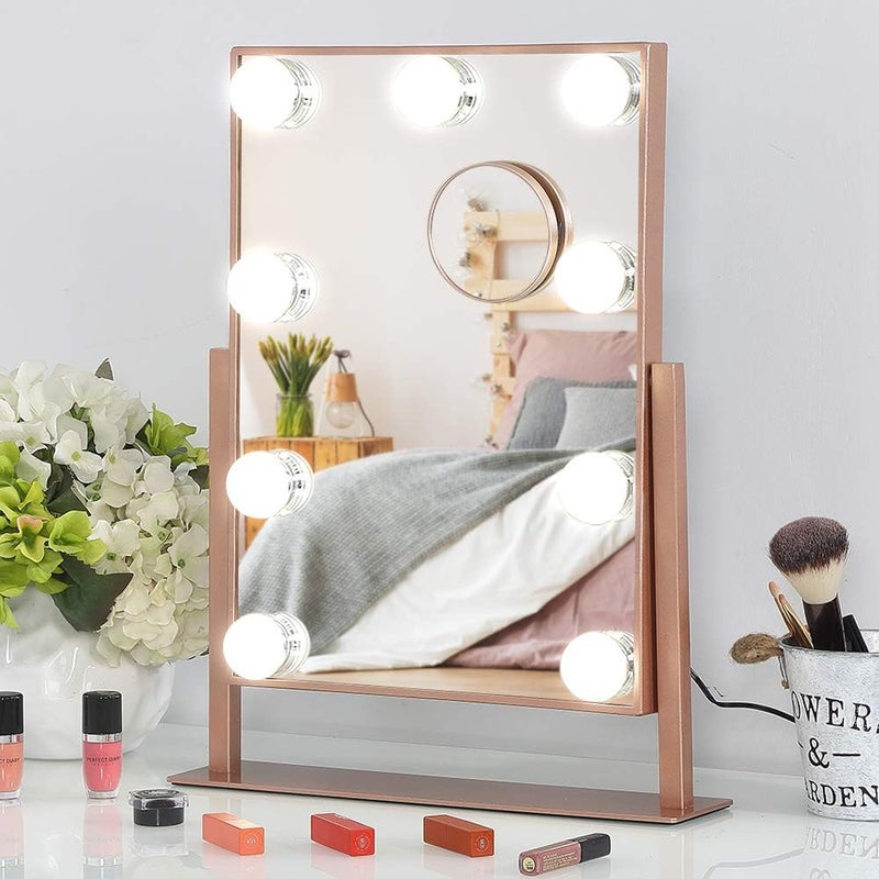 FENCHILIN Hollywood Mirror with Light Lighted Makeup Mirror Vanity Makeup Mirror Smart Touch Control 3 Colors Dimable Light Detachable 10X Magnification 360°Rotation (Rose Gold) - Image 1