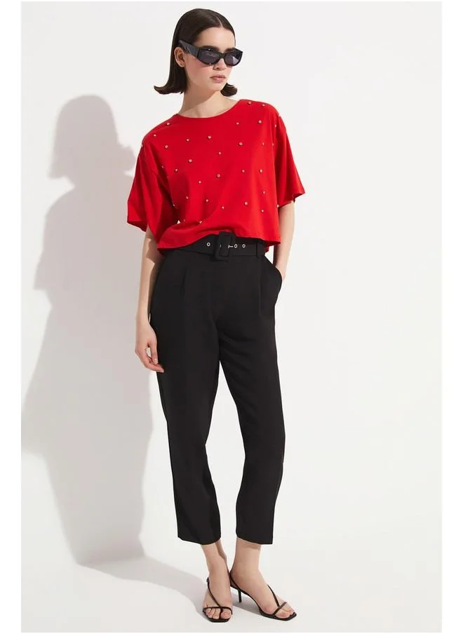 جون June Stone Detailed 100% Cotton Crop T-Shirt Red