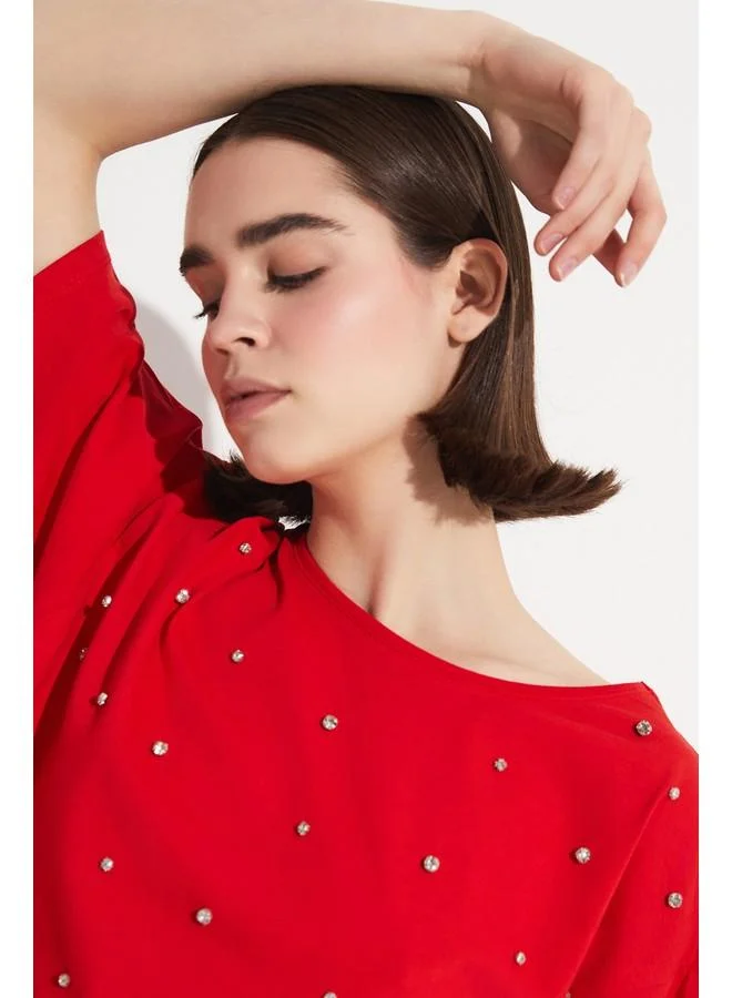 JUNE June Stone Detailed 100% Cotton Crop T-Shirt Red