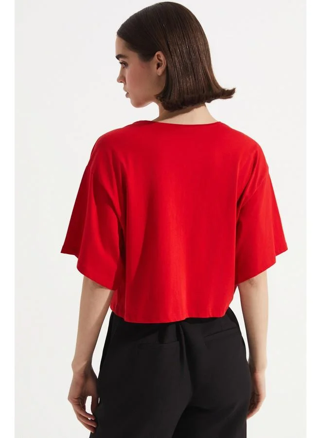 JUNE June Stone Detailed 100% Cotton Crop T-Shirt Red
