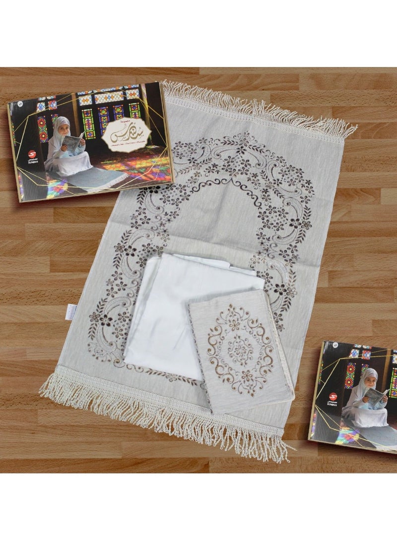 سندس سجادة صلاة مع ثوب صلاة وغطاء للمصحف للفتيات الصغيرات لعمر من 5 الى 8 سنوات -ابيض هدية رمضان - Image 1