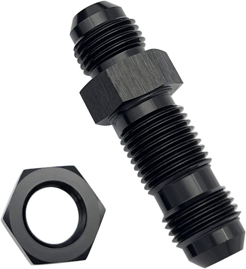KRD Performance Straight Aluminum 6AN Male Flare Bulkhead Fuel Fitting Union Adapter with AN6 Bulkhead Nut, Black - Image 1
