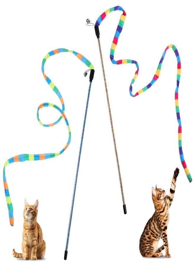 Zelphvt 2 Pcs Interactive Cat Rainbow Wand Toys, Colorful Ribbon Teaser for Bored Indoor Cats and Kittens Cat Teaser Wand and String Toy Extended Colorful Cats String Toy with Bells - Image 1