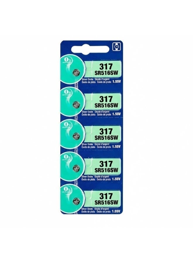 317 SR516SW Silver Oxide Watch Battery 1.55V (5-Pack) - Leak-Proof Button Cell Replacement for Slim Watches & Electronics - Long-Lasting Power - Image 1