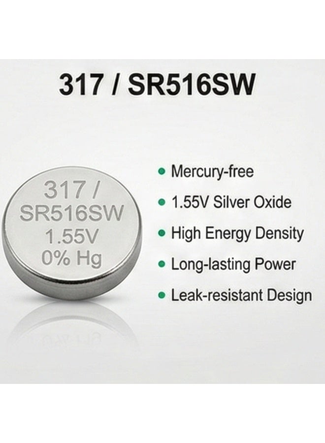 317 SR516SW Silver Oxide Watch Battery 1.55V (5-Pack) - Leak-Proof Button Cell Replacement for Slim Watches & Electronics - Long-Lasting Power - Image 5