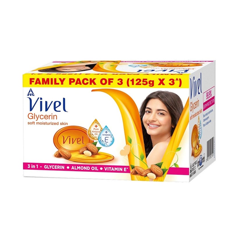 Vivel Glycerin Bathing Bar Soap for Soft Moisturized Skin with Pure Almond Oil Vitamin E Special Pack 125gx3 Pack of 3 - Image 1