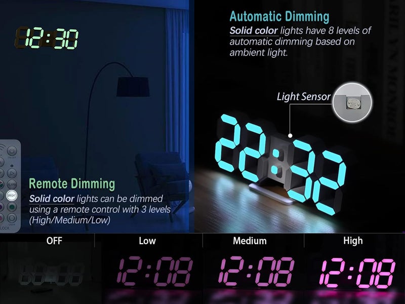 KOSUMOSU ساعة حائط ، ساعة رقمية بنيون، ساعة مكتب LED ثلاثية الأبعاد، شاشة كبيرة، 9.7 بوصة، ساعة بألوان RGB، ساعة إيقاظ جميلة لغرفة النوم أو غرفة المعيشة، متعددة الألوان، قابلة لتعديل السطوع، تعرض التاريخ ودرجة الحرارة. - Image 4