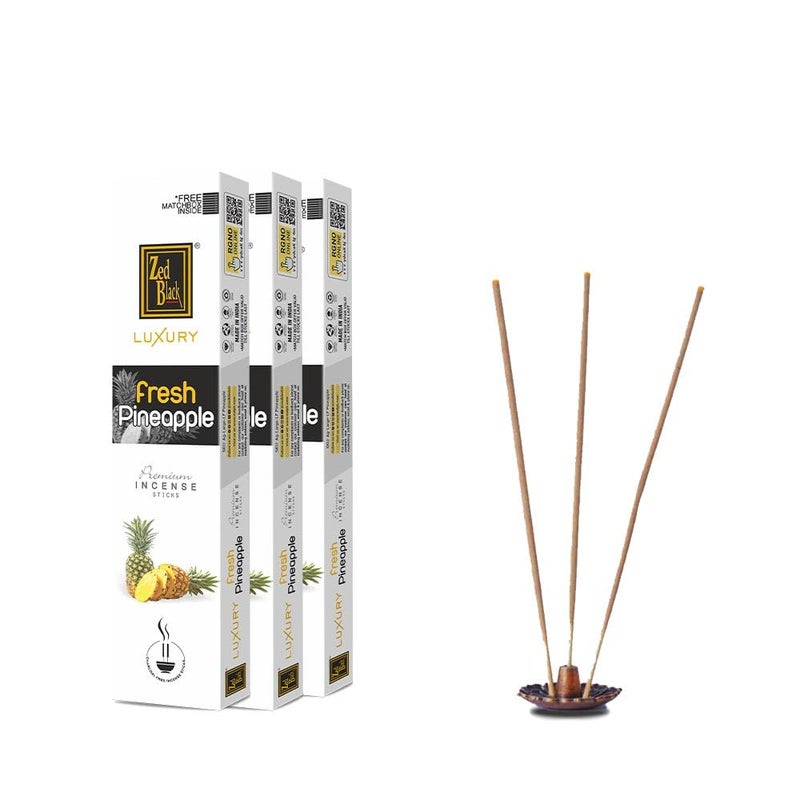 Zed Black Luxury Fresh Pineapple Premium Incense Sticks Pack of 3 Agarbatti Stick Nature Inspired Fragrances for Puja, Meditation, Refreshing Ambience - Free 1 N Matchbox Inside - Image 1