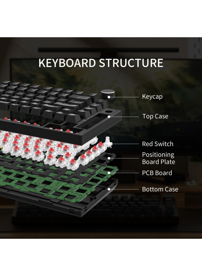 Newmen GM326 75% Percent Mechanical Keyboard,Wired Mini Backlit Hot Swappable Gaming Mechanical Keyboard with Knob,82 Keys Anti-Ghosting Compact Black Gaming Keyboard for PC Win Mac,Red Switch
