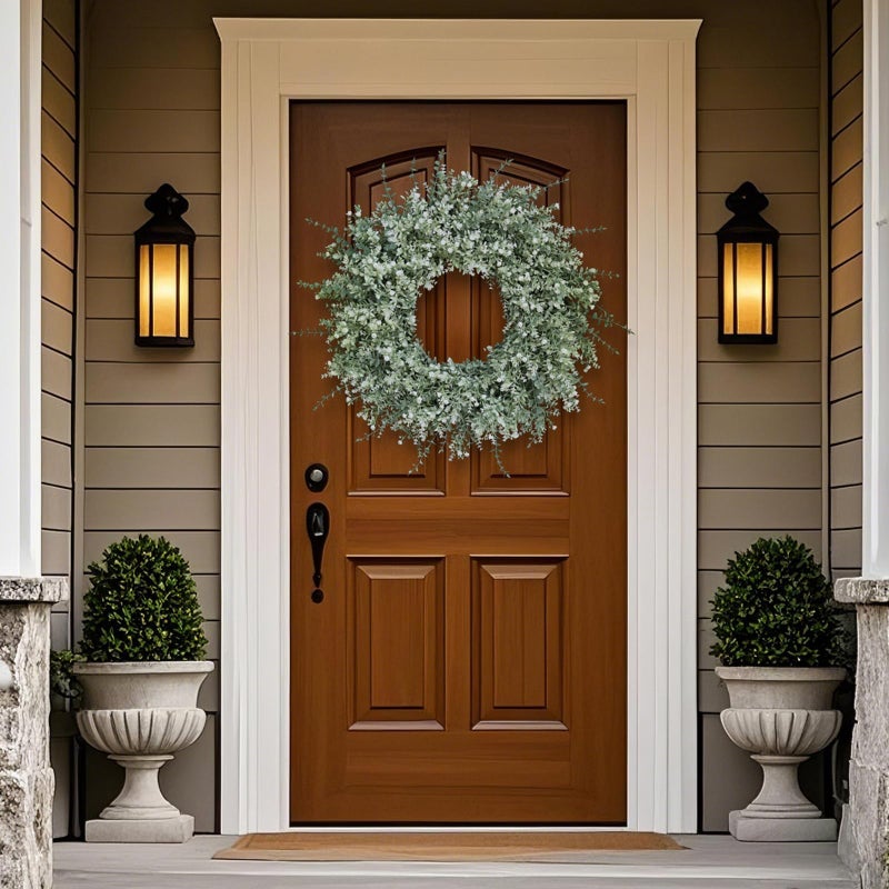 FOTEEWL 26'' Large Eucalyptus Wreath for Front Door, Porch- Artificial Eucalyptus and Lavender with Babys Breath Flowers Wreath for Home, Farmhouse Wall Decor- Spring, Summer, Fall, All Seasons (White-Green) - Image 2