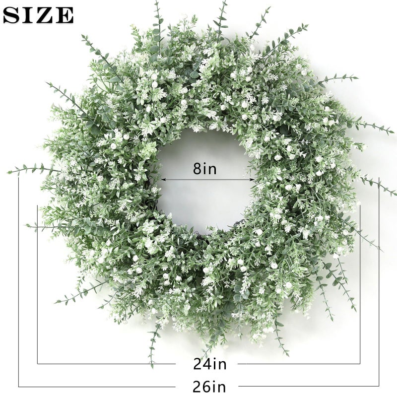 FOTEEWL 26'' Large Eucalyptus Wreath for Front Door, Porch- Artificial Eucalyptus and Lavender with Babys Breath Flowers Wreath for Home, Farmhouse Wall Decor- Spring, Summer, Fall, All Seasons (White-Green) - Image 5