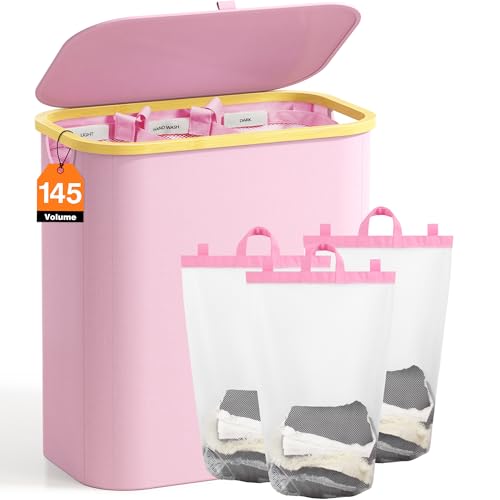 Bathola Hampers for Laundry Basket with Lid, 145L Extra Large 3 Section Clothes Divided Organizer for Bedroom, Laundry Room, Dirty Clothing Hamper, Pink - Image 1