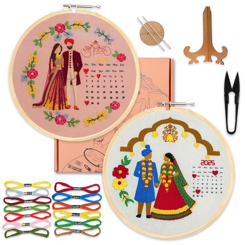 picknMAKE DIY Hand Embroidery Combo Kit for Beginners | Shubh Vivah & Mandap Ceremony Calendar Designs | Printed Fabric, Frame, Threads & Tools | Wedding Keepsake | New Hobby Kit | Pack of 2 - Image 1