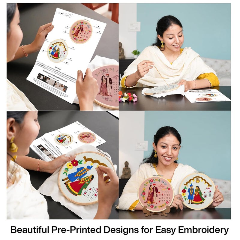 picknMAKE DIY Hand Embroidery Combo Kit for Beginners | Shubh Vivah & Mandap Ceremony Calendar Designs | Printed Fabric, Frame, Threads & Tools | Wedding Keepsake | New Hobby Kit | Pack of 2 - Image 3