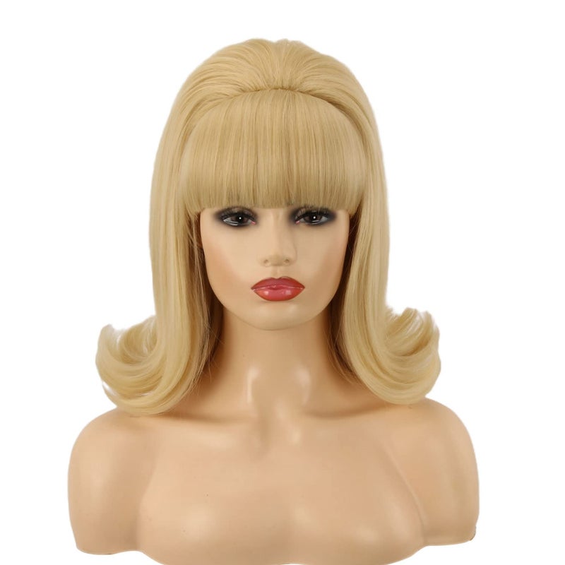 QACCF Blonde Beehive Wig 70s Pinup Pelucas 60s Beehive Style Vintage Look Halloween Costume Women Wig wtih Bang Blonde