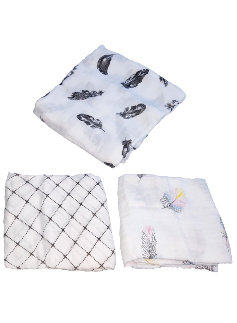 HomarKet 3-Pcs Baby Swaddle Blanket Unisex Wrap Soft Silky Muslin, Blanket For Boys And Girls Set Of 3- Colorful Feather/Small White Lattice/Black Feather  - Image 1