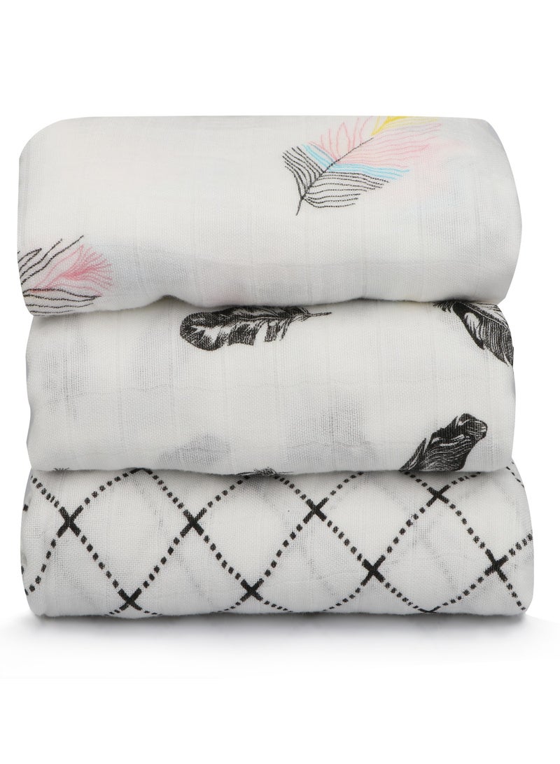 HomarKet 3-Pcs Baby Swaddle Blanket Unisex Wrap Soft Silky Muslin, Blanket For Boys And Girls Set Of 3- Colorful Feather/Small White Lattice/Black Feather  - Image 4