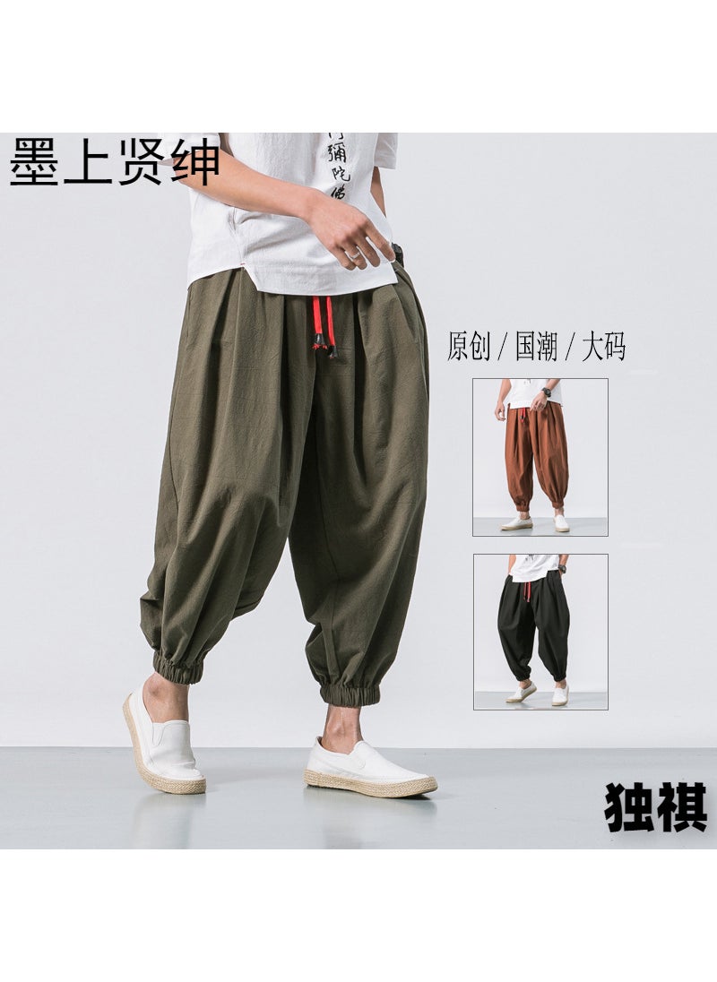 Generic Loose Mens Wide Leg Pants Pure Color plus Size Lantern Pants Cotton Linen Long Trousers Vintage Style Year-Round Availability Army Green  - Image 3