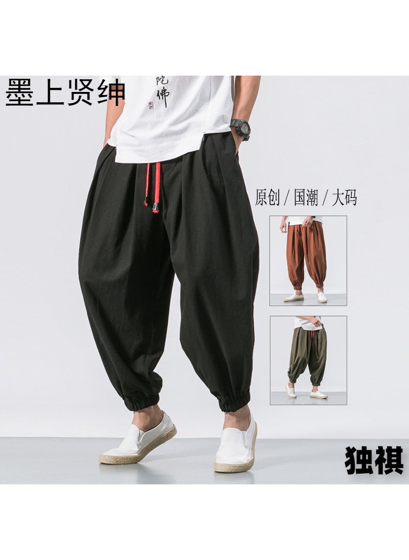 Generic Loose Mens Wide Leg Pants Pure Color plus Size Lantern Pants Cotton Linen Long Trousers Vintage Style Year-Round Availability Army Green  - Image 4