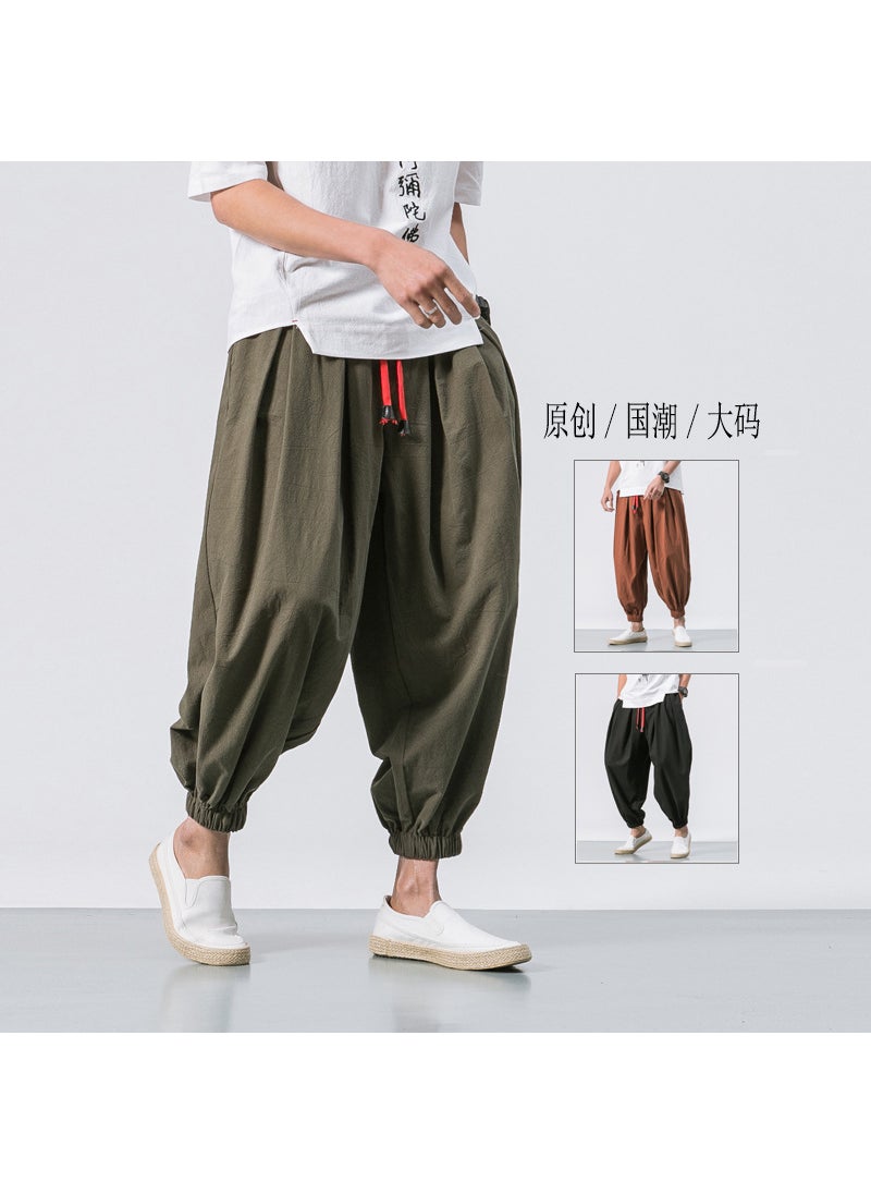 Generic Loose Mens Wide Leg Pants Pure Color plus Size Lantern Pants Cotton Linen Long Trousers Vintage Style Year-Round Availability Army Green  - Image 1