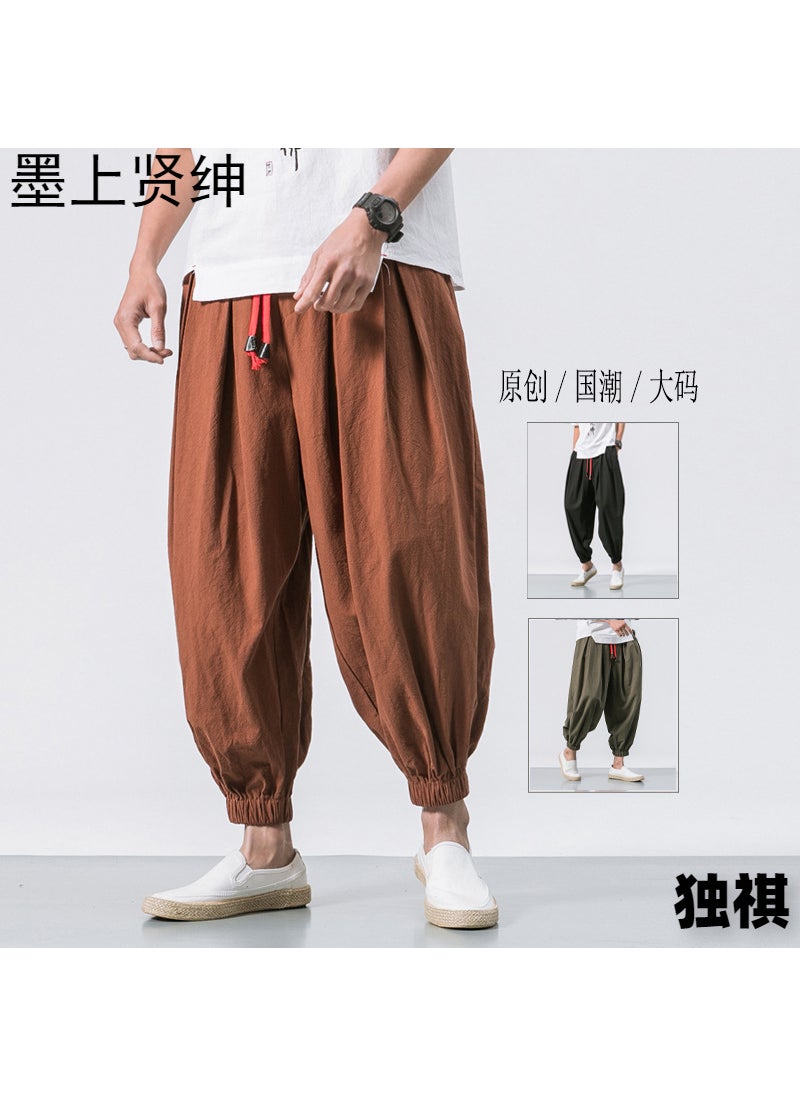 Generic Loose Mens Wide Leg Pants Pure Color plus Size Lantern Pants Cotton Linen Long Trousers Vintage Style Year-Round Availability Army Green  - Image 5