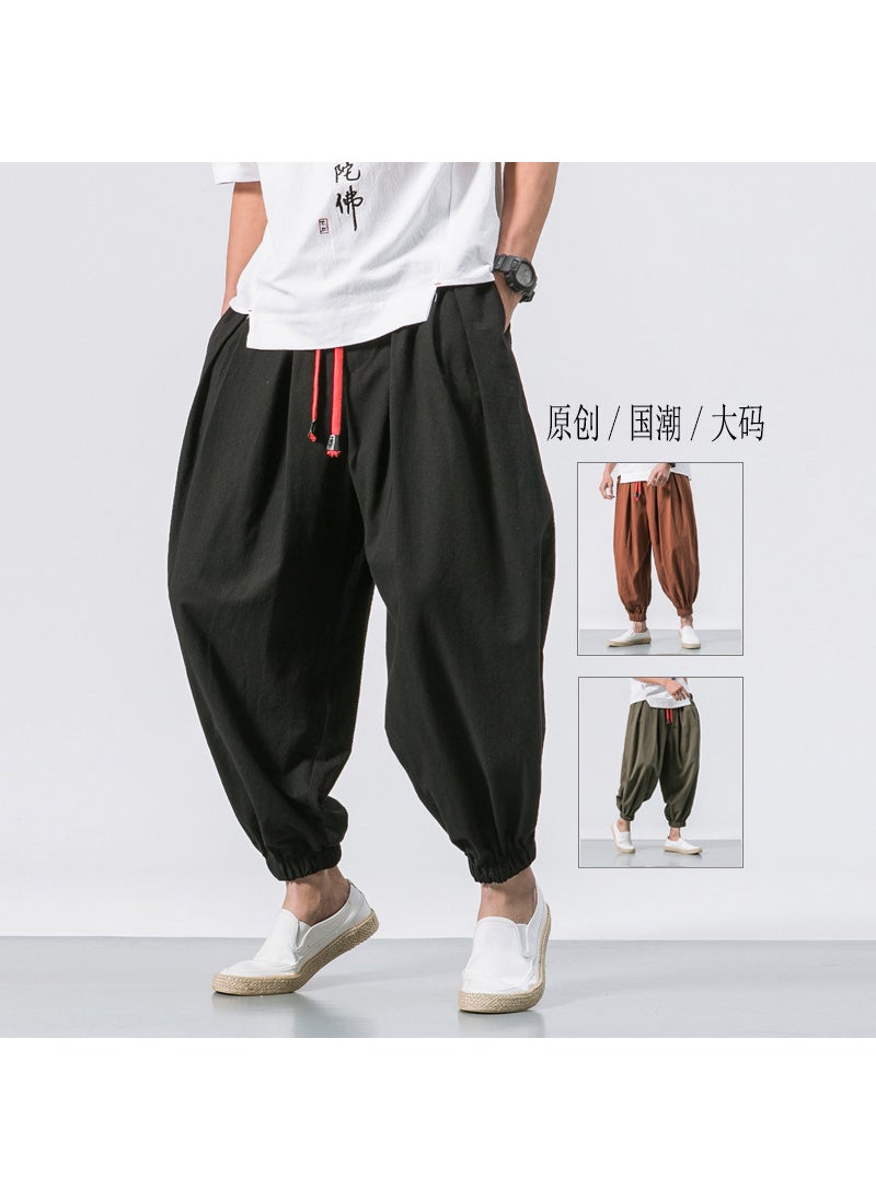 Generic Loose Mens Wide Leg Pants Pure Color plus Size Lantern Pants Cotton Linen Long Trousers Vintage Style Year-Round Availability Army Green  - Image 2