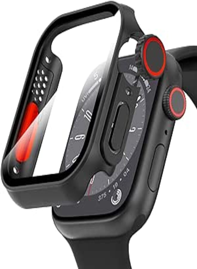 جراب واقي شاشة Suoman لساعة Apple Watch مقاس 45 مم، [يشبه جراب Ultra Protector] جراب بتصميم فريد من الزجاج المقوى لسلسلة iWatch 7/8/9 Series SE 2 مقاس 45 مم (أسود لساعة iWatch مقاس 45 مم)