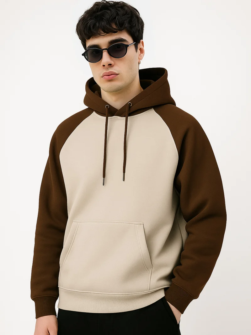 مانياك سويت شيرت رجالي قطن صوف بغطاء رأس بأكمام راجلان وألوان متداخلة بني وبسكويت